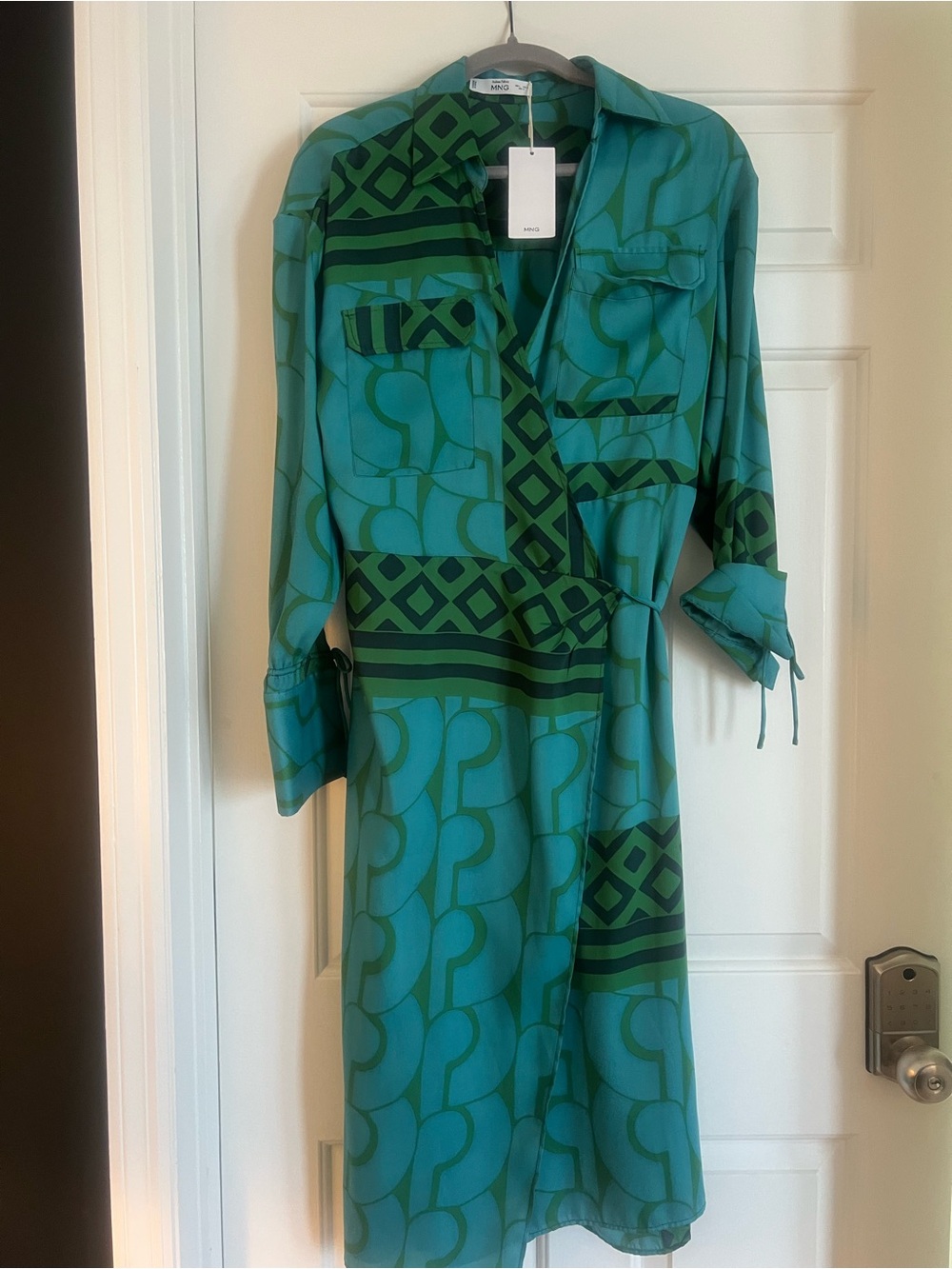 Mango Teal and Dark Green Patterned Midi Shirt Dress